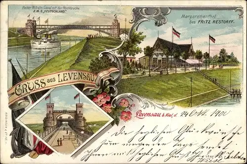 Litho Levensau Neuwittenbek, Hochbrücke, Kaiser Wilhelm Kanal, SMS Deutschland, Margarethenthal
