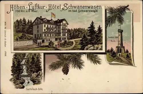 Litho Bühlertal im Schwarzwald, Höhenluftkur Hotel Schwanenwasen, Gertelbachfälle, Turm Badener Höhe