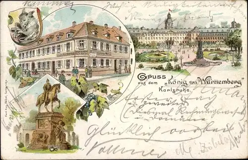 Litho Karlsruhe in Baden, Restaurant König von Württemberg, Schloss, Denkmal