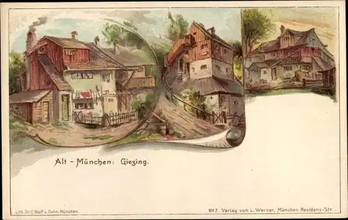 Litho Giesing München Bayern, Alte Wohnhäuser