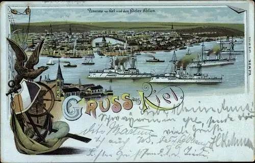 Litho Kiel, Stadtpanorama, Kieler Hafen, Kriegsschiffe, Wappen