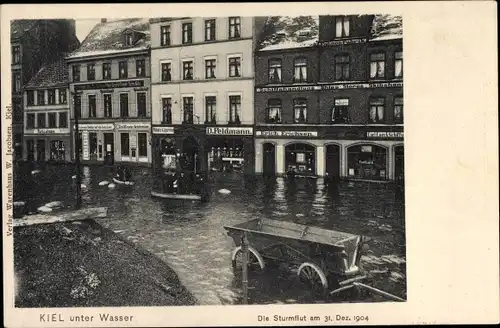 Ak Kiel, Sturmflut 31. Dez. 1904, Straßenpartie unter Wasser, Geschäfte D. Feldmann, Erich Erichsen