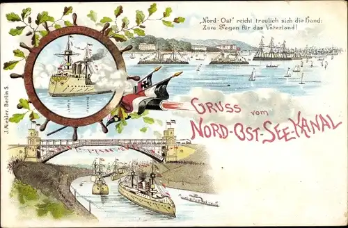 Litho Kiel, Kaiser Wilhelm Kanal, Flaggen, Salutschuß, deutsche Kriegsschiffe