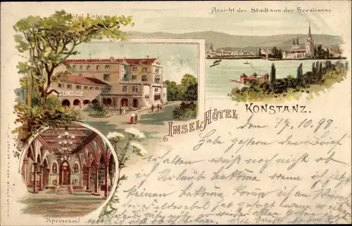 Ak Konstanz am Bodensee, Insel Hotel, Speisesaal, Stadtpanorama von der Seestraße aus