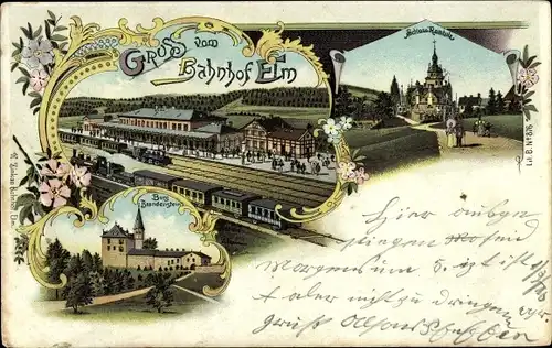 Litho Elm Schlüchtern in Hessen, Bahnhof, Gleisseite, Burg Brandenstein, Schloss