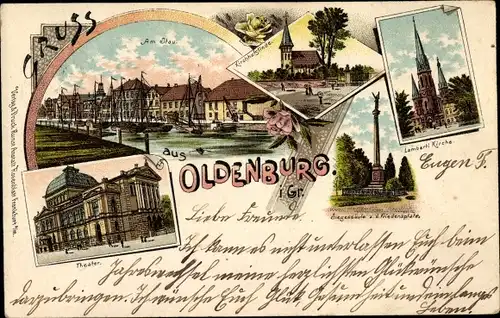 Litho Oldenburg in Oldenburg, Kirchhofslinde, Lamberti Kirche, Theater, Siegessäule