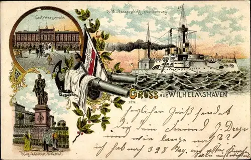 Litho Wilhelmshaven, Werfttorgebäude, Prinz Adalbert Denkmal, Panzerschiff SMS Brandenburg