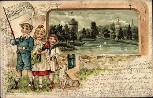 Präge Passepartout Litho Wilhelmshaven, Wasserturm und Parkpartie, Kinder mit Hund, Puppe