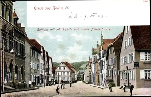 Ak Zell am Harmersbach, Rathaus mit Marktplatz und untere Marktstraße