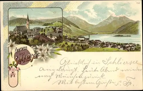 Litho Schliersee in Oberbayern, Panorama, Kirche