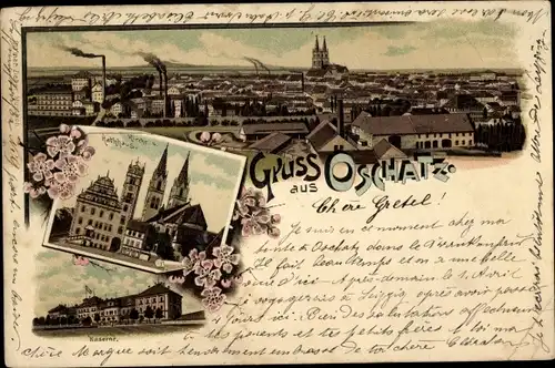 Litho Oschatz in Sachsen, Stadtpanorama, Rathaus, Kaserne