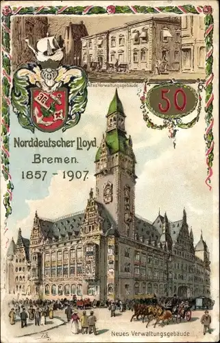 Wappen Litho Hansestadt Bremen, Norddeutscher Lloyd, altes und neues Verwaltungsgebäude