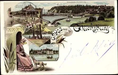 Litho Glücksburg an der Ostsee, Hotel Stadt Hamburg, Schloss, Strandhotel