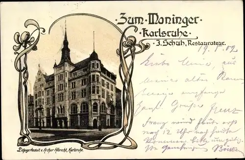 Jugendstil Ak Karlsruhe in Baden Württemberg, Restaurant zum Moninger, Inh. J. Schuh