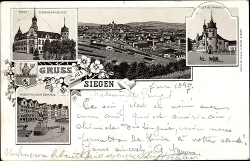 Litho Siegen in Nordrhein Westfalen, Post, Kaiser Wilhelm Denkmal, Bahnhof, Gleisseite