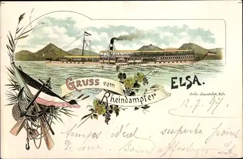 Litho Rheindampfer Elsa, Bingen am Rhein