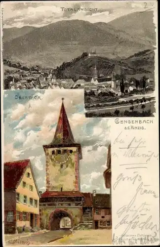 Künstler Litho Münch, C., Gengenbach Kinzig Ortenaukreis, Obertor, Totalansicht der Ortschaft