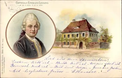 Litho Kamenz im Kreis Bautzen, Wohnhaus des Schriftstellers Gotthold Ephraim Lessing, Portrait