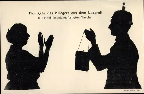 Scherenschnitt Künstler Ak Müller, Willy, Heimkehr des Kriegers aus d. Lazarett, angefertigte Tasche