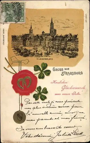 Litho Strasbourg Straßburg Elsass Bas Rhin, Kleberplatz, Siegel, Kleeblatt, Hufeisen