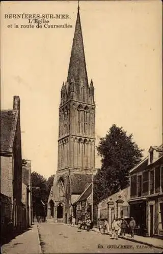 Ak Bernieres sur Mer Calvados, L'Eglise, La Route de Courseulles