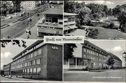 Ak Neumünster in Holstein, AEG Werke, Großflecken, Partie am Teich, Christianstraße mit Wasserturm