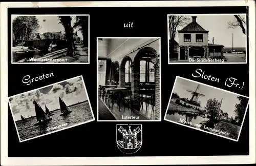 Ak Sloten Friesland Niederlande, Ortsansichten, Windmühle, Restaurant Stadsherberg, Wappen