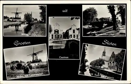 Ak Sloten Friesland Niederlande, Ortsansichten, Windmühle, Centrum, N. H. Kerk met Pastorie