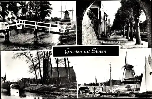 Ak Sloten Friesland Niederlande, R. K. Kerk, Molen, Jachthaven, Lemsterpoort