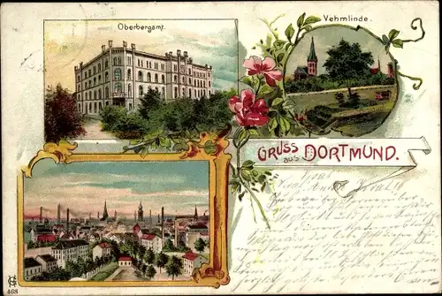 Litho Dortmund im Ruhrgebiet, Oberbergamt, Vehmlinde, Stadtansicht