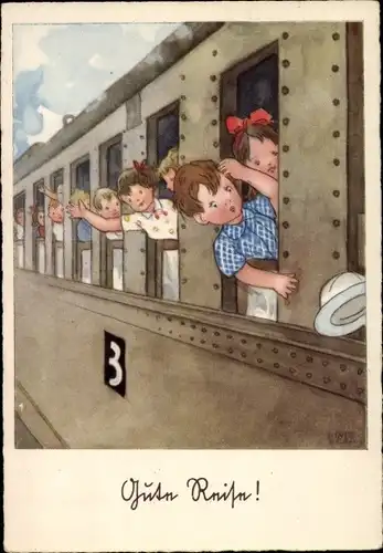 Künstler Ak Lindeberg, Gute Reise, Kinder winken aus Zugfenstern, Hut fliegt davon