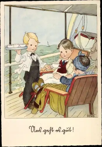 Künstler Ak Lindeberg, Uns geht es gut, Kellner, Paar an Deck eines Schiffes