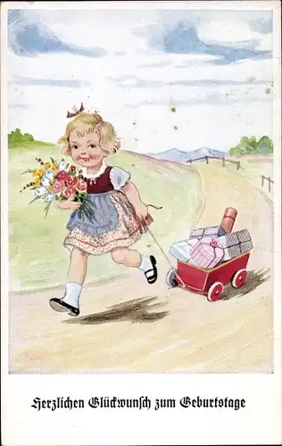 Ak Glückwunsch Geburtstag, Mädchen mit Blumen und Geschenken im Handkarren