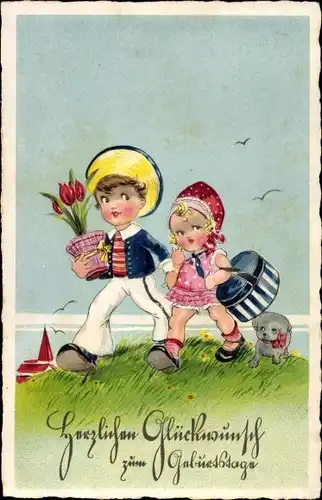 Ak Glückwunsch Geburtstag, Kinder mit Blumen und Geschenk, Hund