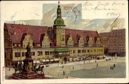 Litho Leipzig in Sachsen, Markt, Rathaus, Siegerdenkmal