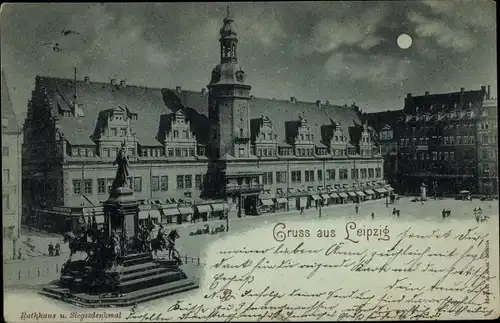 Mondschein Ak Leipzig in Sachsen, Blick auf das Rathaus, Siegerdenkmal