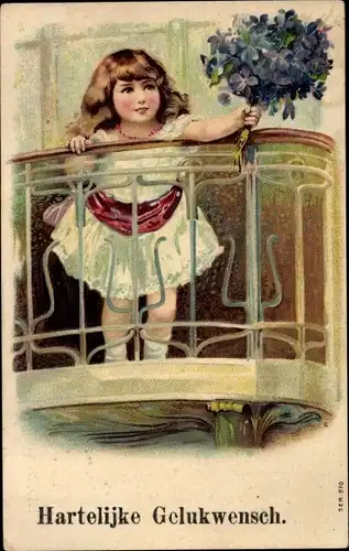 Präge Litho Glückwunsch Geburtstag, Mädchen mit Veilchenstrauß