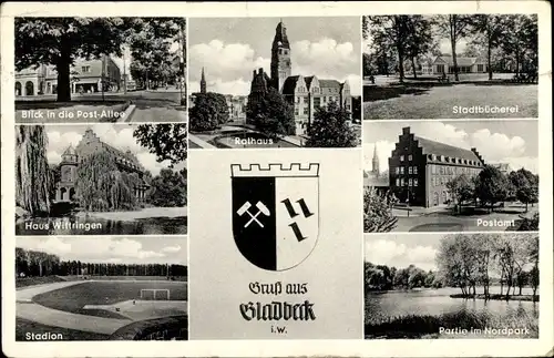Wappen Ak Gladbeck im Ruhrgebiet, Stadtbücherei, Postamt, Nordpark, Stadion, Haus Wittringen