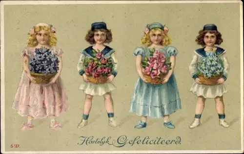 Präge Litho Glückwunsch Geburtstag, Kinder mit Blumen