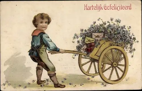 Präge Litho Glückwunsch Geburtstag, Junge mit Blumen im Handkarren
