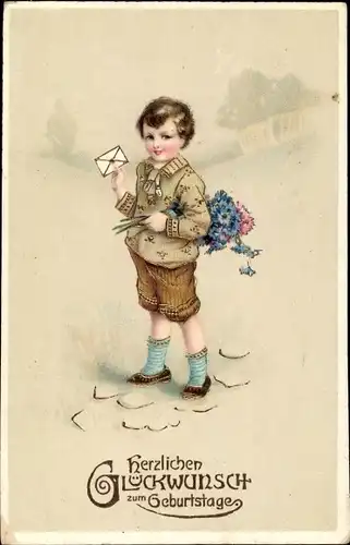 Ak Glückwunsch Geburtstag, Kind mit Blumenstrauß, Umschlag