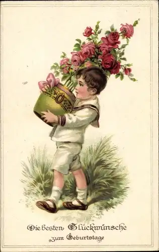 Ak Glückwunsch Geburtstag, Kind mit Rosen im Blumentopf
