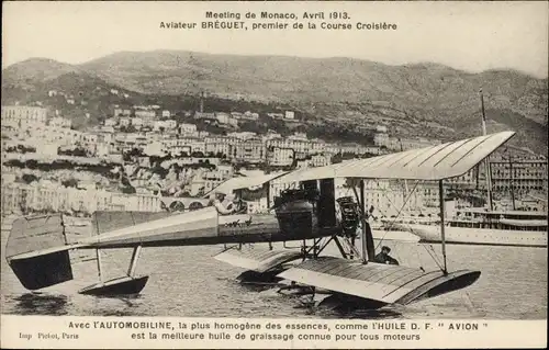 Ak Monaco, Meeting d'aviation en avril 1913, Aviateur Bréguet, premier de la Course Croisière