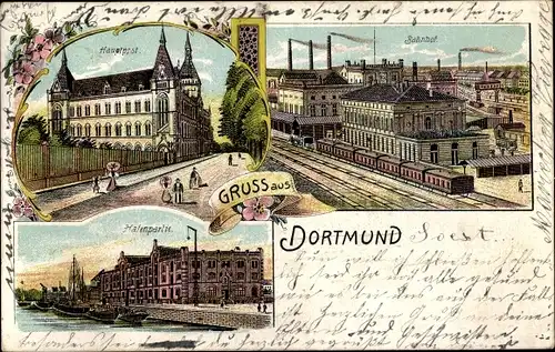 Litho Dortmund im Ruhrgebiet, Bahnhof, Gleisseite, Hafenpartie, Hauptpost
