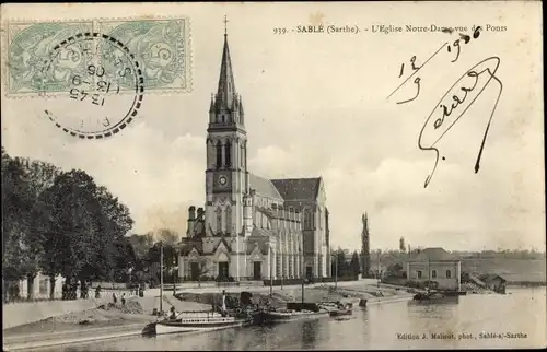 Ak Sablé sur Sarthe, L'Eglise Notre Dame, vue des Ponts