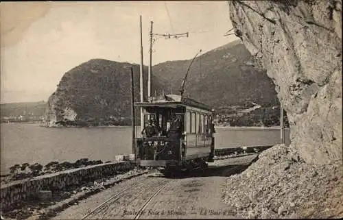 Ak Èze Alpes Maritimes, La Baie d'Èze, Route de Nice a Monaco, tramway TNL