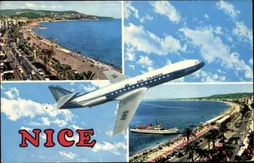 Ak Nice Nizza Alpes Maritimes, Passagierflugzeug Air France, Stadtpanorama, Küste