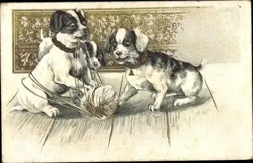 Ak Drei Hunde spielen mit Wollknäuel