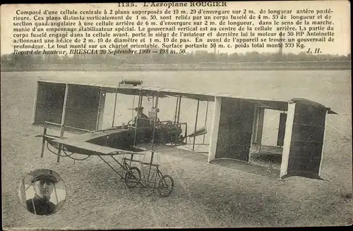 Ak L'Aeroplane Rougier, Flugpionier, Doppeldecker, Portrait