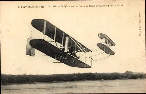 Ak L'Aviation en 1908, Wilbur Wright dans un virage au Camp d'Auvours, Doppeldecker